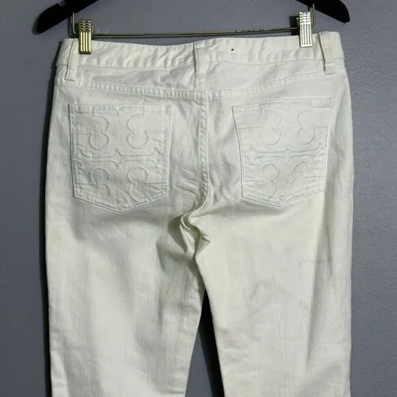 Tory Burch Skinny Jeans Pants Women Sz 28 White Embroidery Designer Logo Preppy - Picture 9 of 12